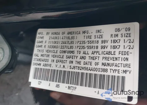 2010 Acura Rdx из США, поврежденный, VIN 5J8TB2H56AA000388